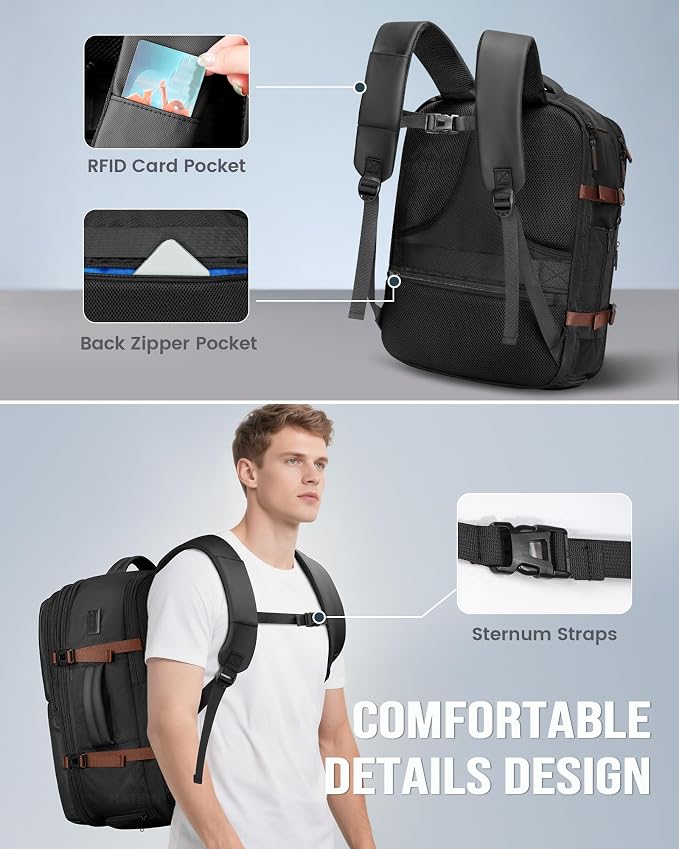 MATEIN 18x14x8 Inches Travel Backpack Personal Item, Black Brown | Expandable, Underseat Backpack for Airplane, Shoe Compartment, TSA Airline Approved, Carry on Bag Mochila, Fit 17" Laptop - Image 5