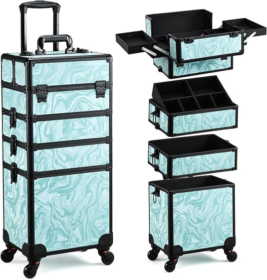 Yueieoun Rolling Makeup Case, 4 in 1 Makeup Case on Wheels, Professional Makeup Trolley, Cosmetic Train Case Makeup Cart Travel Trolley with Key for MUA, Hairstylists, Nail Tech, Turquoise Vitality by Yueieoun