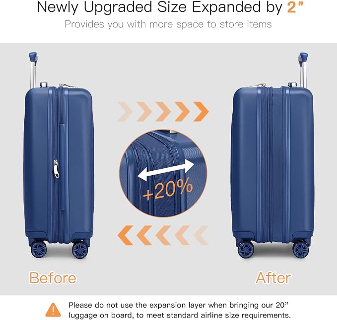 Kono Small 20 Inch Expandable Carry On Luggage with Quiet Spinner Wheels & TSA Lock, Scratch and Drop Resistant PC+ABS Hardside 22x14x9 Airline Approved Suitcase, Navy Blue - Image 5