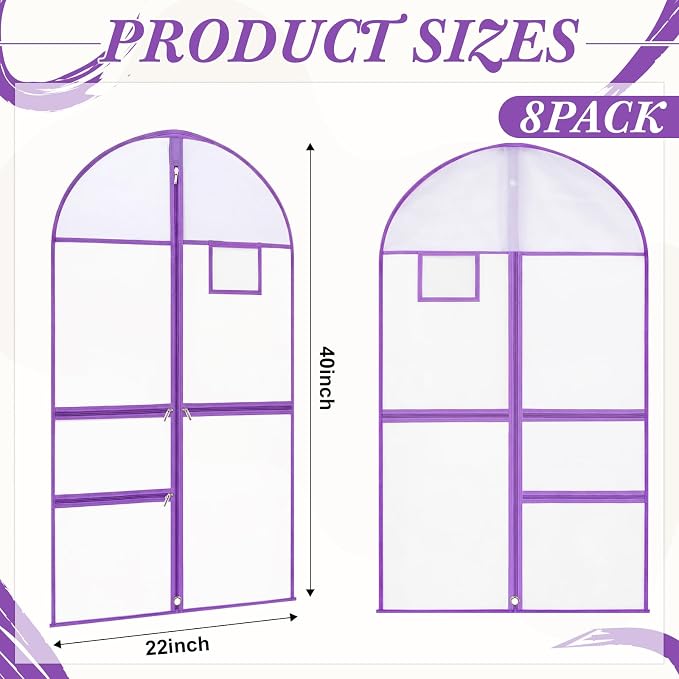 FoldTier 8 Pcs Dance Costume Garment Bag for Dancers 40 Inch Purple Edge Clear PVC Waterproof Garment Bag with 3 Zipper Pockets for Dancers Competitions Hanging Clothes - Image 2