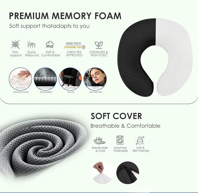 Ergonomic Travel Pillow,100% Memory Foam Travel Neck Pillow For Airplanes | 360 Neck & Chin Support Airplane Pillow For Long Flights,Airplane Travel Essentials With 3d Eye Mask, Earplugs,Carry Case - Image 5