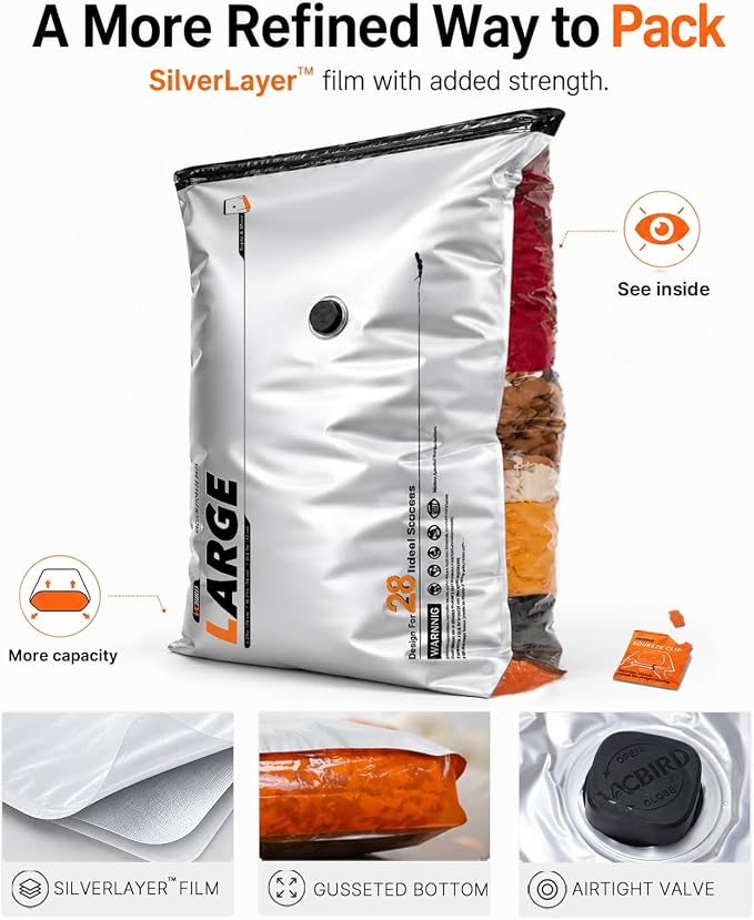 Vacbird 15-Pack Travel Vacuum Storage Bags with Dual Power Electric Pump, Space Saver Compression Bags for Clothing, Carry-On Luggage and Suitcase Packing, Rechargeable Battery & Direct USB Power - Image 2