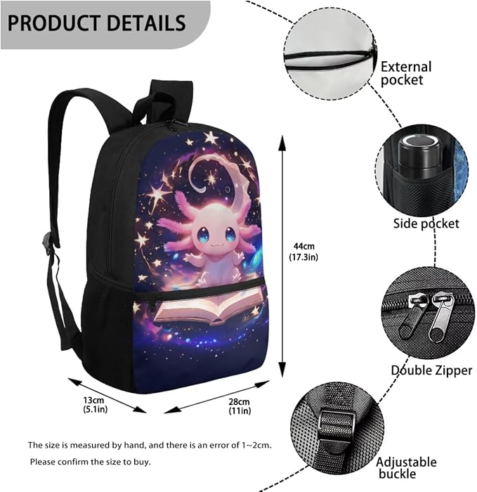 Reading Axolotl Kids Backpack & Lunch Bag Set, Lightweight Water-Resistant Bookbag with Padded Straps to Protects Shoulders, Leak-Proof Lunch Box Keeps Food Fresh fo 6+ Hours, Cute School Bag - Image 3