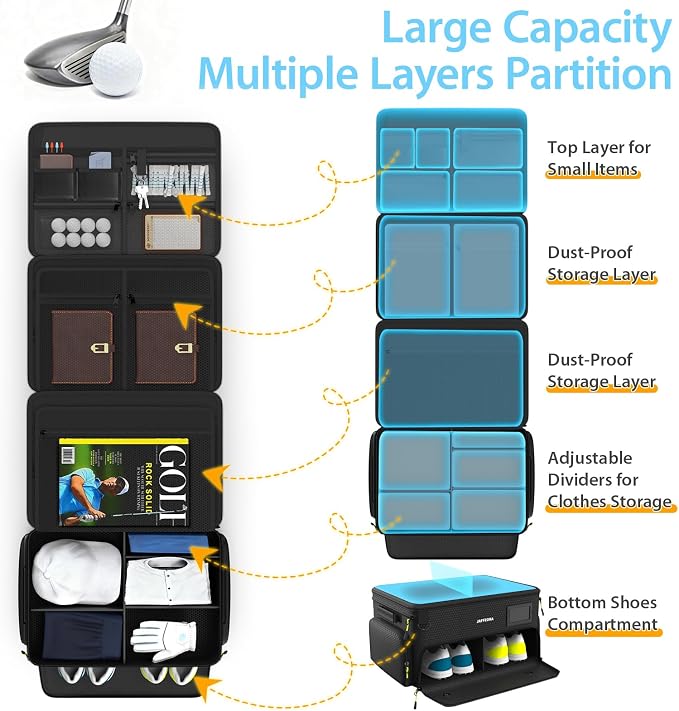 4-Layer Golf Trunk Organizer, Golfer Gifts for Men Women with Separate Ventilated Compartment for 2 Pairs Shoes, Waterproof Car Golf Locker Storage Bag for Golf Gear and Accessories,Black - Image 4