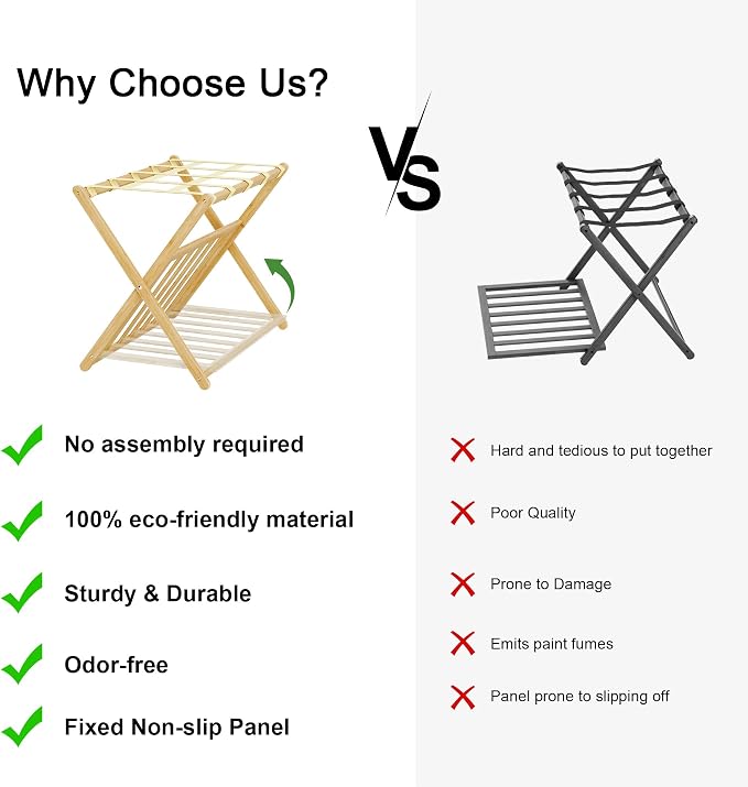 Fully Assembled Luggage Rack Set of 2 for Guest Room, Bamboo Suitcase Stand with Foldable Storage Shelf, Crossed Nylon Straps Folding Luggage Holder for Bedroom and Hotel, Natural - Image 7