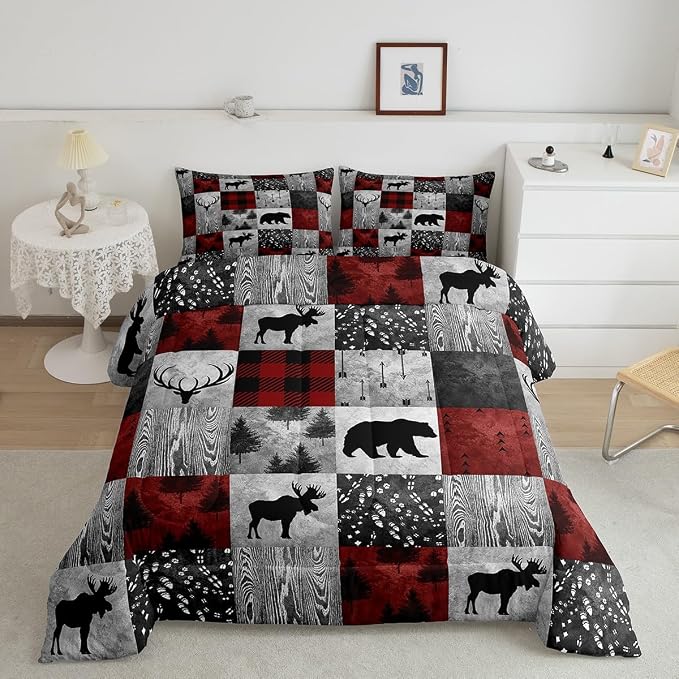 Erosebridal Lodge Deer Comforter Full,Burgundy Buffalo Plaid Check Bedding Set for Kids Boys Girls,Bear Elk Antler Wild Hunting Animal Duvet Insert,Merry Christmas Down Comforter with 2 Pillowcases - Image 2