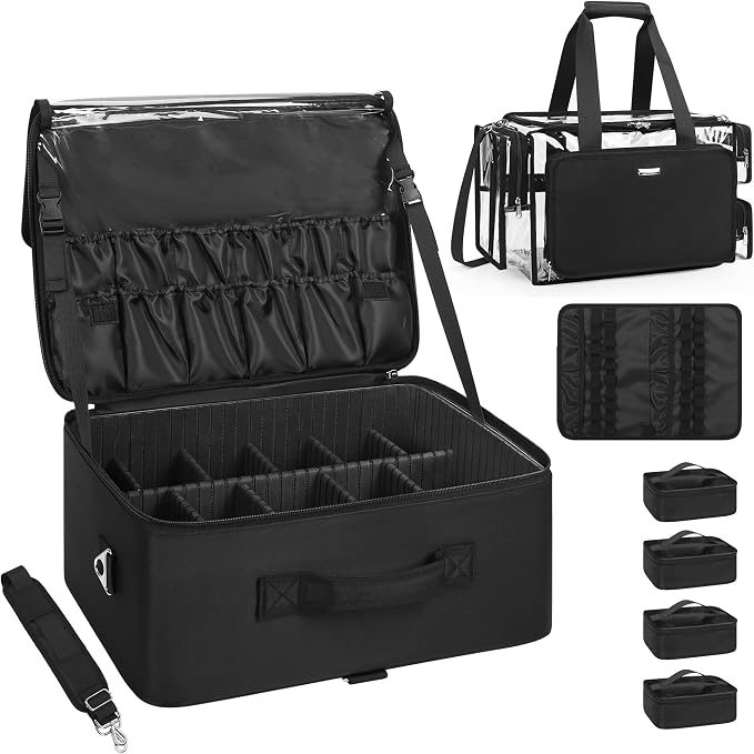 Relavel Extra Large Makeup Case and Clear Makeup Bag, Professional Cosmetic Storage Organizer Box Brush Holder with 4 Clear Set Bags & Lipstick Plate for Makeup Artists with Adjustable Dividers, Black by Relavel