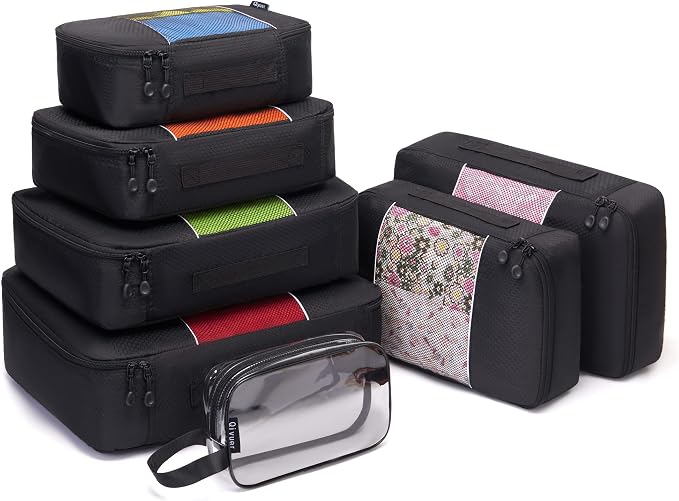 Qiyuer 7 Set Packing Cubes for Suitcase, Travel Luggage Organizer Bags Set, 1 Large 2 Medium 2 Small 1 Slim 1 Toiletry Bags Black - Image 8