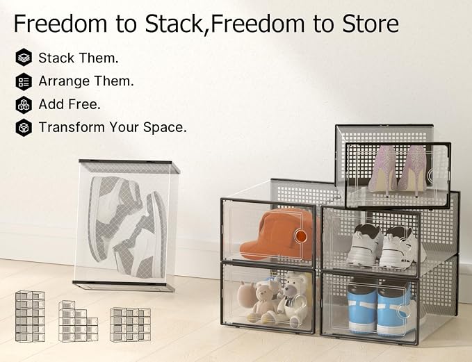 Kuject X-Large Shoe Storage Boxes Organizers Clear Plastic Stackable 12 Pack, Shoe Rack & Holder Substitute, Sneaker Containers, Toy Storage Organizer Bins for Entryway, Closet, Under Bed, Black - Image 9