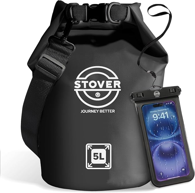 STOVER 5/10/25/30/40L Waterproof Dry Bag, Small Lightweight Roll Top Dry Bag Backpack w/Waterproof Phone Case, Kayaking, Travel, Hiking, Fishing, Tubing, Camping, the Beach, Men/Women (Black) by STOVER
