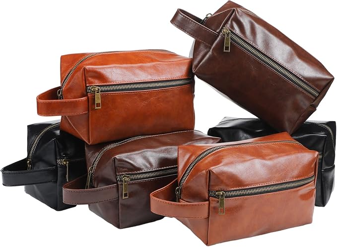 Hillban 6 Pcs Groomsmen Gift Men Travel Toiletry Bag, Bestmen Gifts Set, Leather Toiletry Bag with Side Handle Water Resistant Bathroom Supplies for Wedding Party Favor(Brown, Black, Coffee) by Hillban