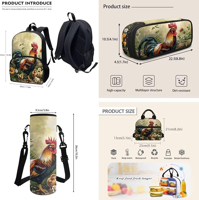 4Pcs Chicken Pattern School Backpack Set for Boys Girls,Cute Hen and Chick Bookbag with Lunch Box Pencil Case Water Carrier Pouch for Kindergarten Preschool Students - Image 3