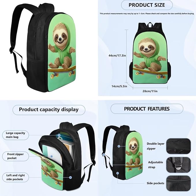 Skateboard Sloth Backpack for Boys Girls Backpack with Lunch Box Water Bottle Holder and Soft Pencil Case 4PCS Set Bookbag with Compartments for School 17 inch Sturdy School Bag for Kids - Image 4
