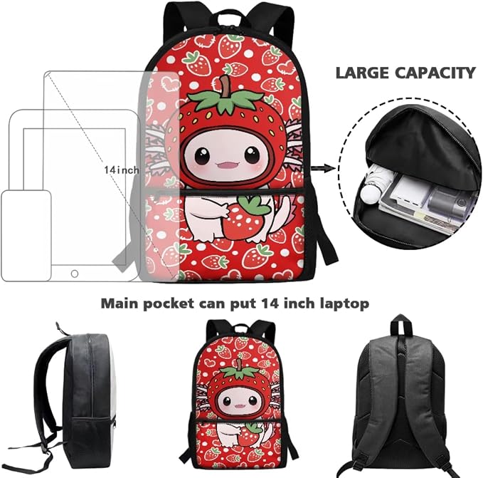Strawberry Axolotl Backpack for Kids Girls 6-12, Cute School Bag and Lunch Box, 4 Piece Set, 17 Inch Lightweight Back to School Supplies, Reduce the Stress by 40% - Image 4