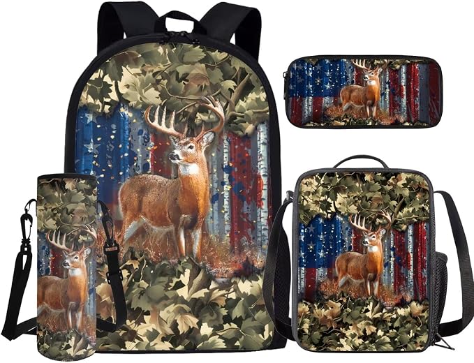 GIFTPUZZ Deer American Flag Backpack 17 Inch Set Boys | Camo 4-in-1 Lunchbox Combo, Water Bottle Holder, 3rd Grade Elementary School, Ages 8-10 - Image 2