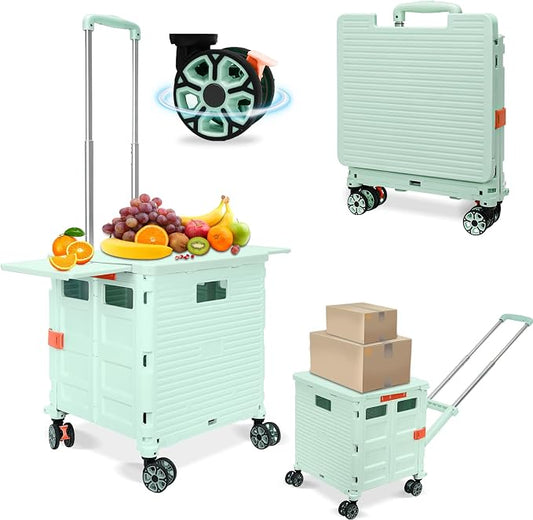 FELICON SELORSS Folding Utility Cart Portable Rolling Crate Handcart-Green | Adjustable Handle+Extended Magnetic Lid,Storage Basket Box,4 Swivel Wheels Tote for Teacher Move Shop Travel Grocery Office by FELICON