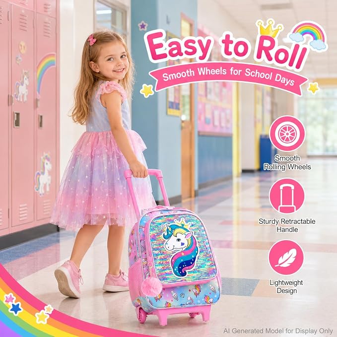 AGSDON 3PCS Rolling Backpack for Girls Boys, Kids Roller Wheels Bookbag, Wheeled School Bag with Lunch Bag - Image 2