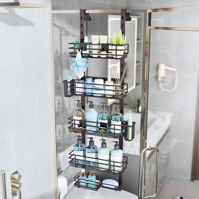 Consumest Over The Door Shower Caddy - 5 Tier Adjustable Shower Organizer Hanging with 2 Toothbrush Holders & 4 Hooks, Rustproof Organizer Shelf, Storage Rack for Bathroom, Bronze - Image 4
