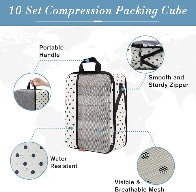 U+U 10 Set Compression Packing Cubes - Travel Organizers with Laundry Bag, Space-Saving Suitcase Organizer, Expandable Packing Organizers for Travel Essentials (Polka Dot) - Image 4
