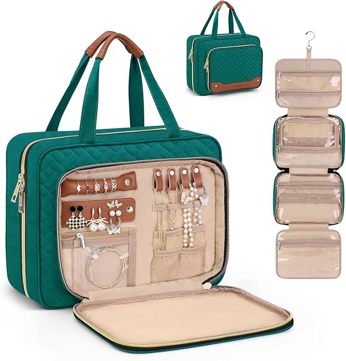 Wedama Toiletry Bag for Women, Hanging Travel Toiletry Bag with Jewelry Organizer Compartment Large Makeup Bag, PVC Waterproof Cosmetic Travel Bag Trips Camping Bathroom, Green+Brown by Wedama