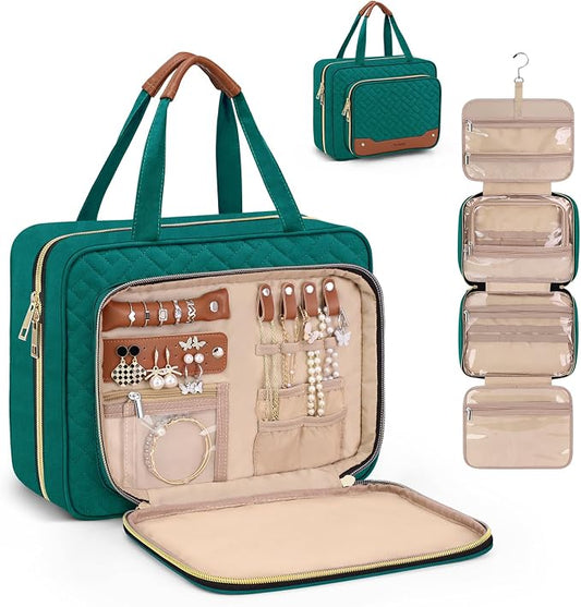Wedama Toiletry Bag for Women, Hanging Travel Toiletry Bag with Jewelry Organizer Compartment Large Makeup Bag, PVC Waterproof Cosmetic Travel Bag Trips Camping Bathroom, Green+Brown by Wedama