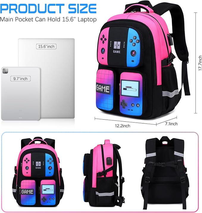 Gamer Backpack for Boys , 3PCS Boys Backpack with Lunch Box & Pencil Pouch, Waterproof School Bags for Boy Kids Children Teens, Elementary Middle School, Kids Book Bag Casual Daypack (Pink Blue) - Image 2