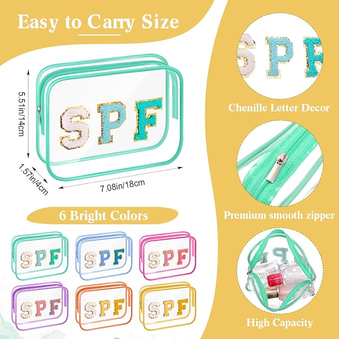 Kacctyen 12 Pcs Spf Clear Makeup Bags Bulk Waterproof Sunscreen Pouch Beach Pool Bag Chenille Letter Patch PVC Preppy Travel Toiletry Cosmetic Zipper Organizer for Women Girls Summer Vacation Gifts - Image 3