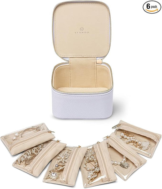 VLANDO Travel Jewelry Case Organizer, Small Jewelry Box with 6 Velvet Jewelry Zipper Bags, Holidays Gifts for Women Girls Friends-Purple by VLANDO