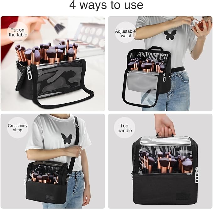 Makeup Brush Bag, Makeup Brush Holder Travel Stand-up Makeup Cup Large Makeup Brush Organizer Case Professional Cosmetic Bag Artist Storage Bag with Adjustable Divider (Large, Black) - Image 6