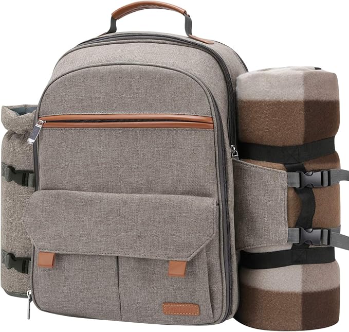 Sunflora Picnic Backpack for 4 Person Set Pack with Insulated Waterproof Pouch for Family Outdoor Camping (Brush Beige) by Sunflora