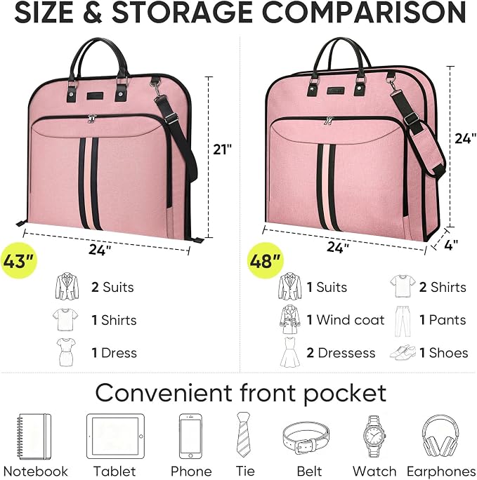 BALEINE Travel Garment Bag, Travel Suit Bag for Men, Water Resistant Carry on Garment Bag for Hanging Clothes, Garment Duffel Bag for Travel Business (Pink, 48") - Image 4