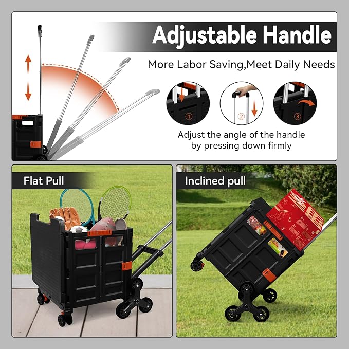 Foldable Utility Cart Portable Crate Rolling Dolly with Telescopic Handle,Can be Pulled diagonally, Magnetic Retractable Lid, 360°Swivel Climbing Wheels for Shopping Carrying Groceries Move Black - Image 3