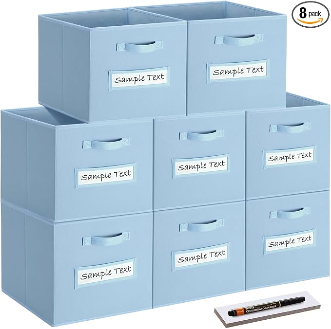 Fabric storage cubes (8 Pack) 13 Inch Cube Storage Bin, cube organizer bins with 8 Labels Window Cards & a Pen,Foldable cube organizer bins and Storage Box,Pastel Blue by Artsdi