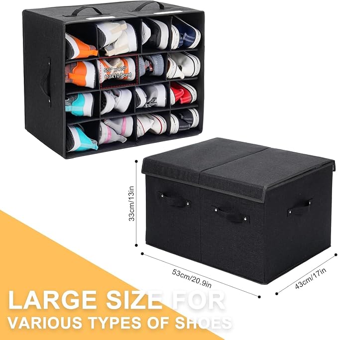 2 Pack Shoe Organizer for Closet, Foldable Shoe Storage Box with Adjustable Dividers, Large Space Saving Shoe Storage Container Fits up to 16 Pairs with Reinforced Handles (Black) - Image 3