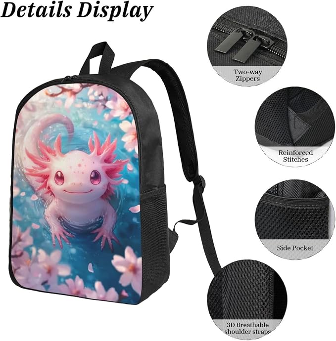 Axolotl Kid Backpack Set with Lunch Bag & Pencil Case Large Capacity School Bag 17 Inch Bookbag for Boy Girl - Image 5