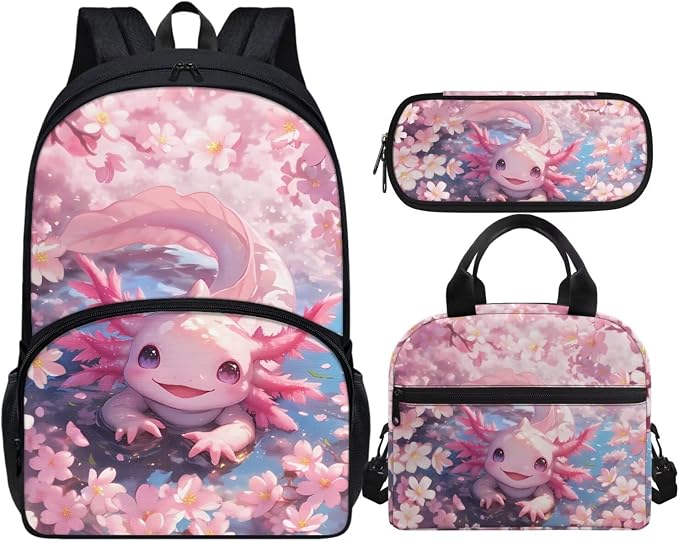Axolotl School Backpack for Girls Kids Bookbag with Lunch Box and Pencil Pouch Set 3-in-1 Teen Girl Bookbag Back to School Backpack School Shoulder Bag by Vanideaoty