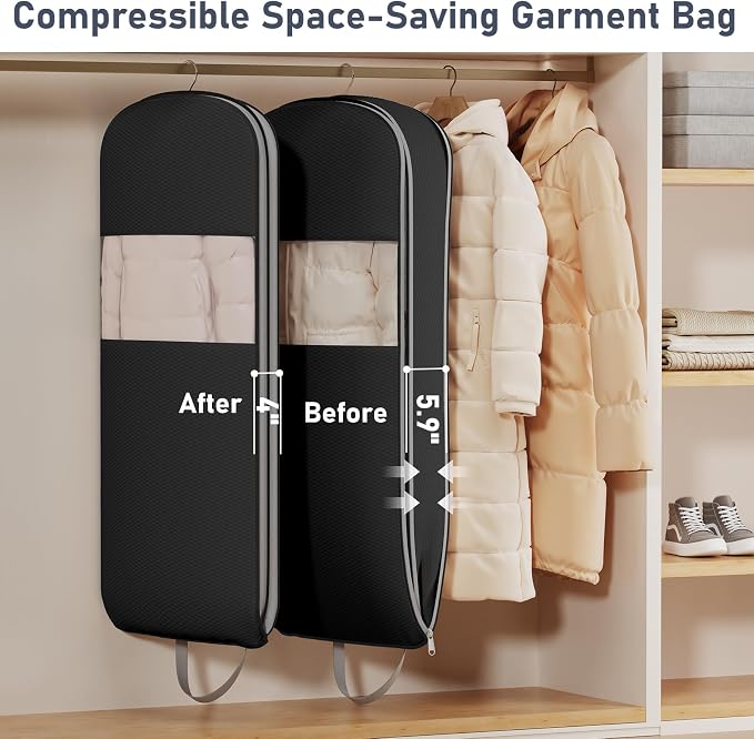 DIMJ 2 Pack 54" Space Saving Garment Bags for Hanging Clothes With Compression Zipper Carry Handles and Window, Washable Suit Bag for Dress, Clothes, Coats, Down Jacket, Closet, Moving, Travel - Image 2