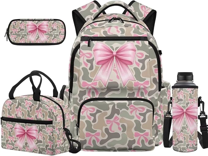 Pink Bow 4 Piece Kids Backpack Set, 17 Inch School Backpack with Lunch Bag, Pencil Case and Water Bottle Holder, Lightweight Multi-Pocket Bookbag for Elementary Middle School by Unknown