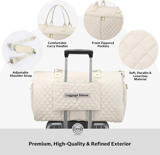 STOVER Women’s Convertible Garment Duffel Bag for Travel – 2-in-1 Carry-On Weekender/Overnight Tote - Wrinkle-Free Dresses, Suits & Clothes + Shoe Compartment & Bonus Toiletry Bag (Cashmere Cream) - Image 4