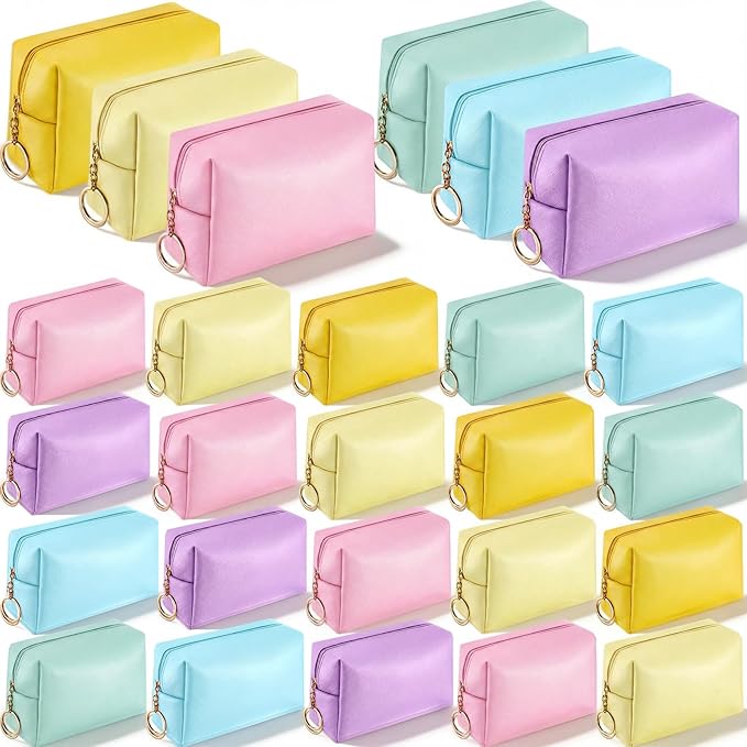 Chunful 24 Pcs Preppy Makeup Bag PU Leather Cosmetic Bag Bulk Makeup Plain Pouch Waterproof Toiletry Purse for Women Traveling Preppy Pencil Case Valentine's Day Gifts(Macaron Colors) by Chunful