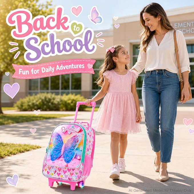 AGSDON 3PCS Rolling Backpack for Girls Boys, Kids Roller Wheels Bookbag, Wheeled School Bag with Lunch Bag - Image 6