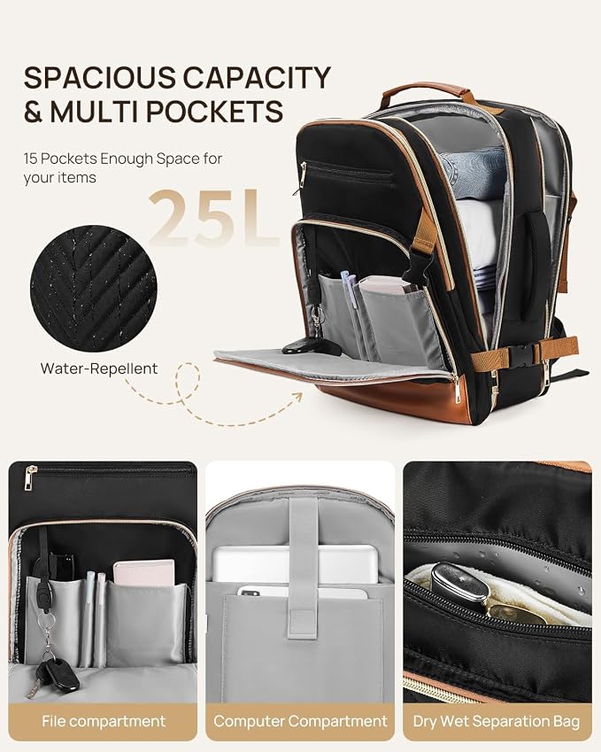 Telena Travel Backpack for Women, 15.6 inch Laptop Backpack TSA Carry on Backpack Personal Item Size Flight Approved Travel Bag Daypack with Multi-Pockets for Work, Travel, Business, Black-Brown - Image 5
