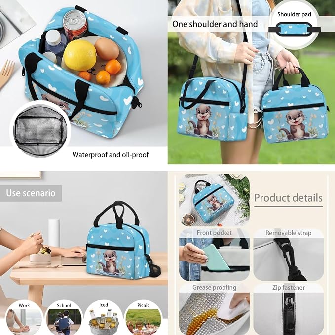 Children Schoolbag Set 4Piece Set Cartoon Otter Backpack with Lunchbox+Pencil Case+Water Bottle Carrier Bag for Boys Girls Kindergarten Bookbag Personalize Otter Backpack Custom Name - Image 6