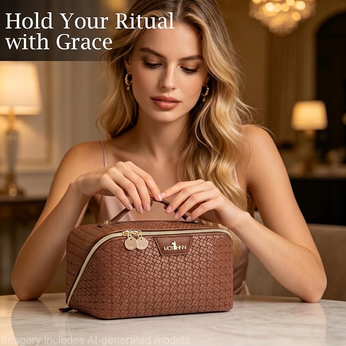 Travel Makeup Bag for Women: Designer 3 Pcs Set Cosmetic Bags for Women - Large Capacity Vagen Leather Hand-made for Toiletry Organizer - Ladies Travel Flat Open Essentials for Luxury (07Brown) - Image 3