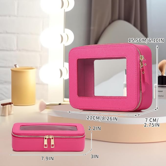 Pinkmik Travel Clear Makeup Bag with Brush Case TSA Approved Toiletry Bag Waterproof Cosmetic Organizer with Zipper Car Essential for Women (X/Fuxia, M+SLIM) - Image 4