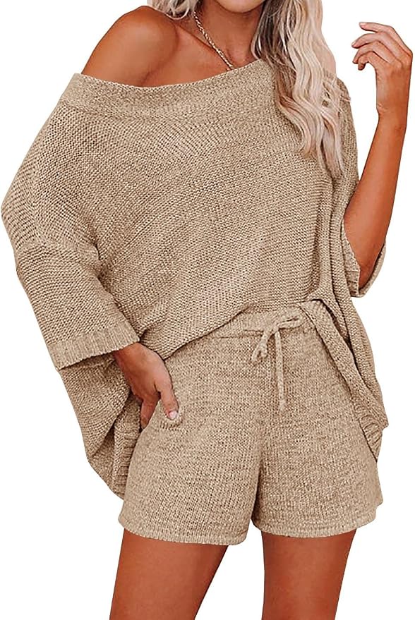 Ermonn Womens 2 Piece Outfits Sweater Sets Off Shoulder Knit Tops Waist Short Suits Casual Pajama Set by Ermonn