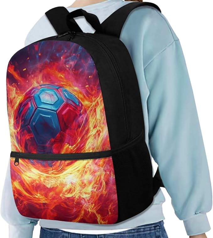 Fire Soccer Backpack for Boys Kids Backpack with Lunch Box Water Bottle Pouch and Big Pencil Case 4PCS Set Bookbag with Front Pocket 17" Sturdy Elementary School Bag Back to School Essentials - Image 2