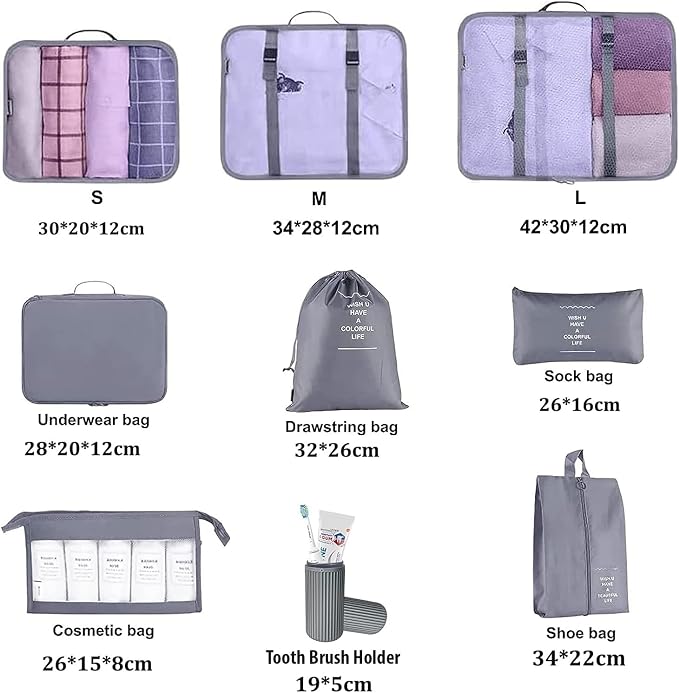 8 Pcs Packing Cubes, Travel Luggage Organizer for Men and Women, Toiletry Bag, Packing Cubes for Travel - Set of 8, 2. Grey, 9 Pieces Set with Toothbrush Holder, Travel Accessories - Image 2
