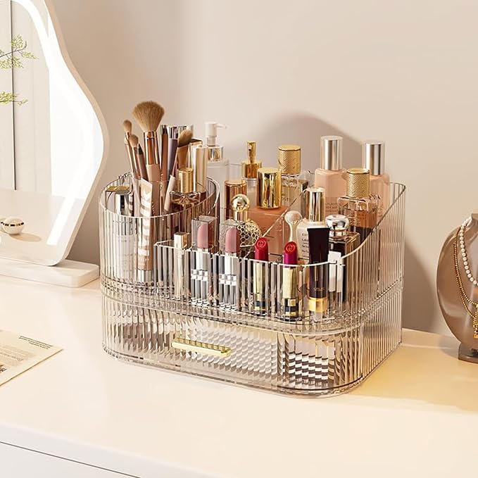 360° Rotating Makeup Organizer with Drawer, Clear Acrylic Cosmetic Storage Display, Stackable Beauty Counter (Clear, Large (Tray + 1 Drawer)) by STORICANS