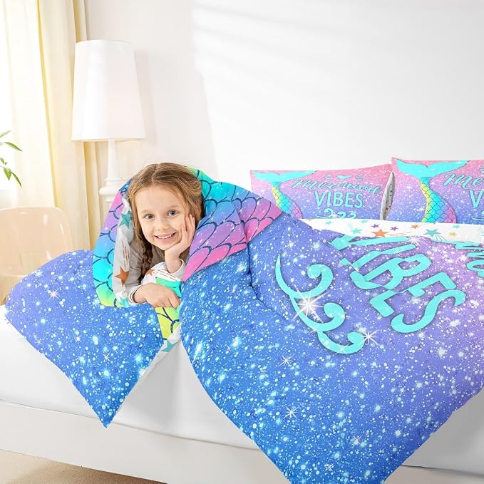 Girls Mermaid Tail Comforter Set Queen Kawaii Coastal Fish Scales Bedding Set Glitter Star Galaxy Comforter Blue Pink Pastel Ombre Set Princess Bed Set Ocean Animal Quilt Duvet 2 Pillowcases Teal - Image 6